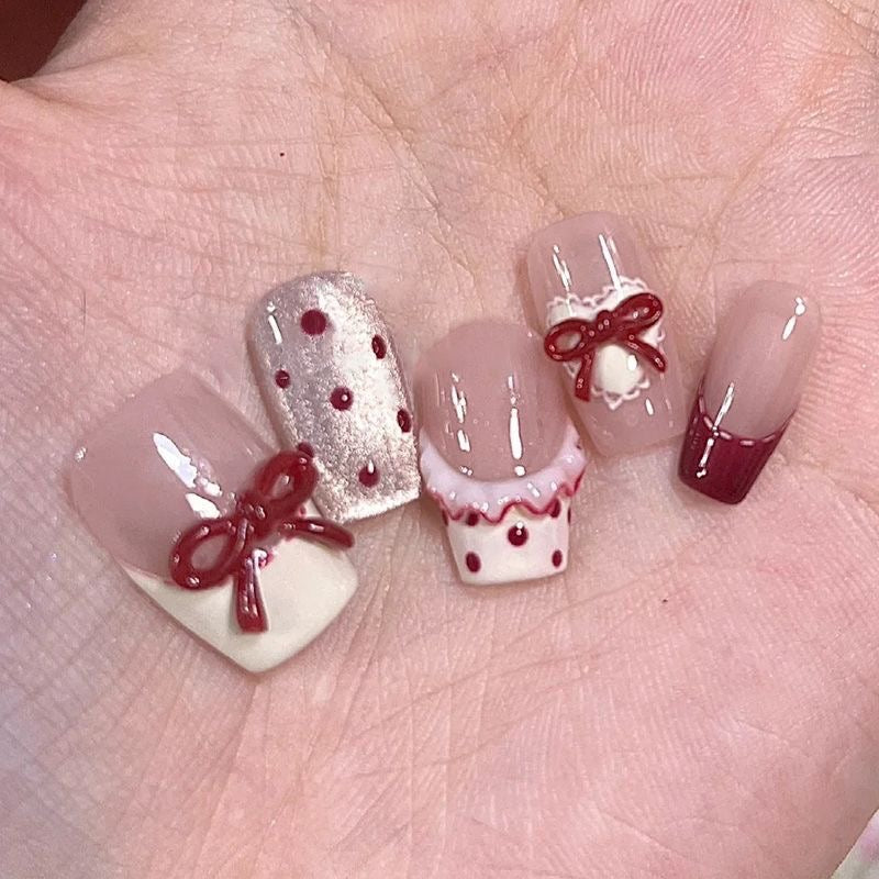 NailZagreb Coquette Red Bow Press On Nails | Nude Pink French Tip Nails | Cute Korean Style Nails | Short Square Press On Nails