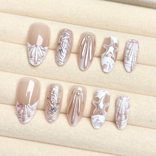 NailZagreb Luxury Nude Ocean Press On Nails Starfish Shell Pearl Glossy Handmade Nail Set