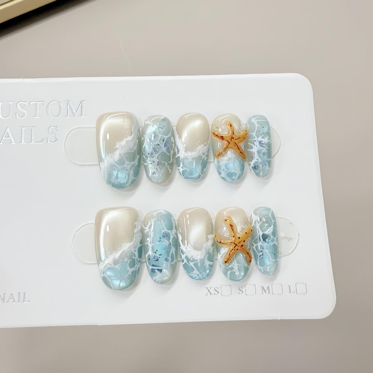 NailZagreb Ocean Blue Press On Nails Starfish Beach Waves Glossy Summer Nails Reusable Handmade Nail Set
