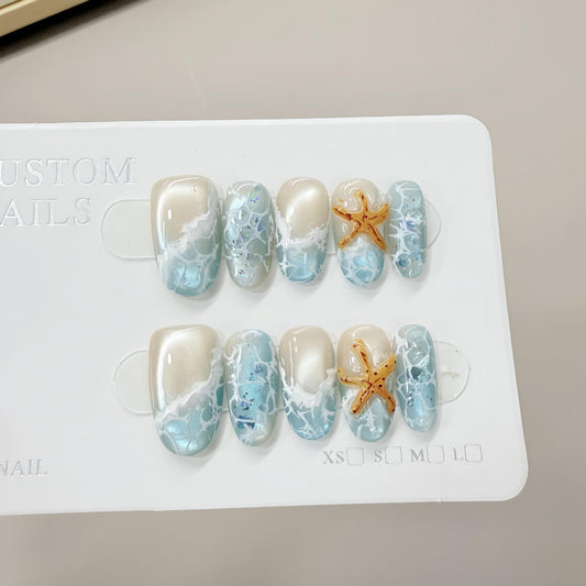 NailZagreb Ocean Blue Press On Nails Starfish Beach Waves Glossy Summer Nails Reusable Handmade Nail Set