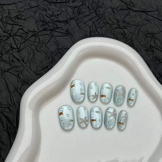 NailZagreb Blue Ocean Press On Nails Cute Fish Starfish Bubble Nails Glossy Summer Reusable False Nails
