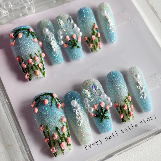NailZagreb Glitter Blue Press On Nails 3D Flower Butterfly Nails Cute Floral Spring Reusable False Nails