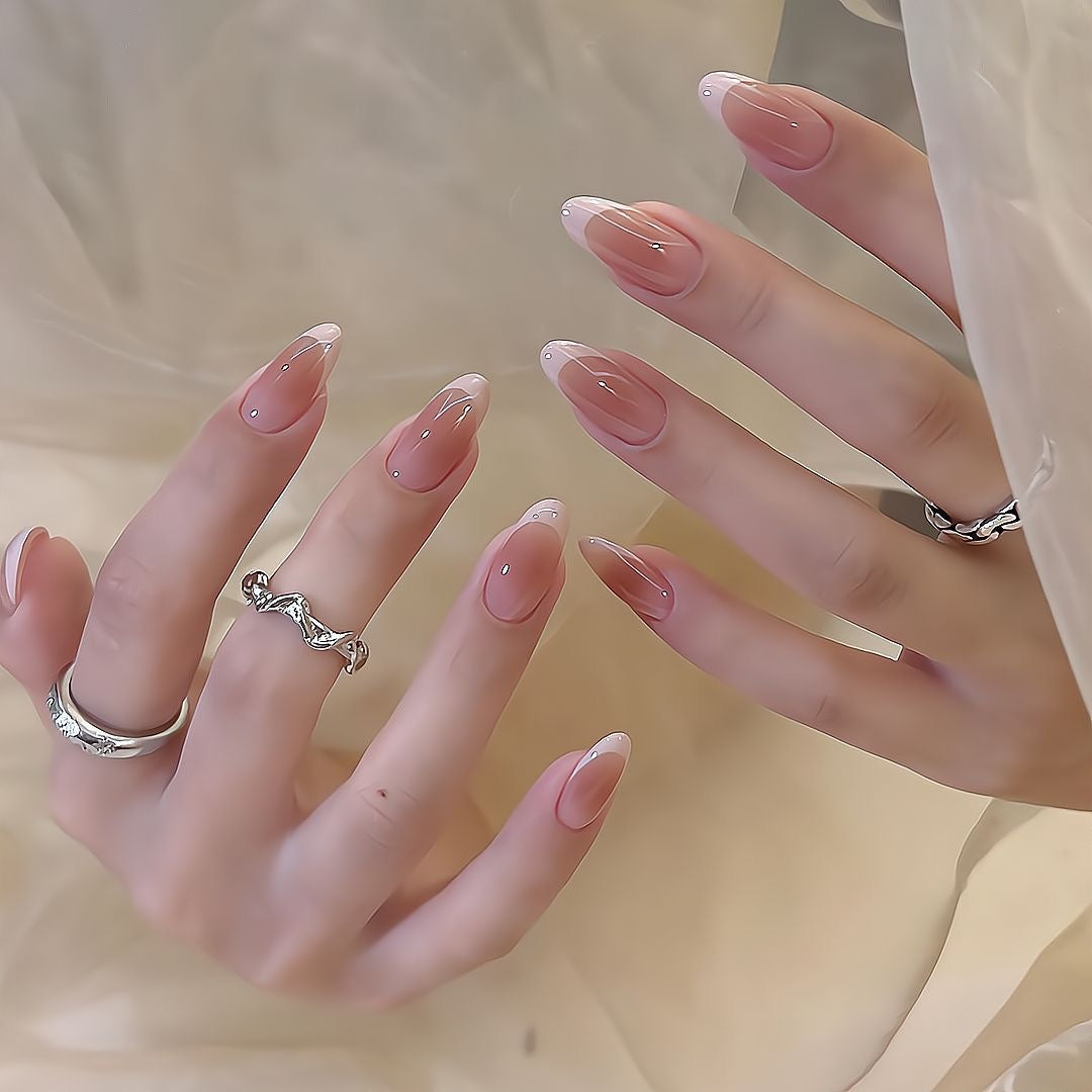 NailZagreb Pink French Tip Press On Nails | Glossy Nude Almond Nails | Elegant Minimalist Nails | Clean Girl Press On Nails