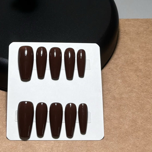 NailZagreb Glossy Dark Brown Coffin Press On Nails for Minimal Everyday Style