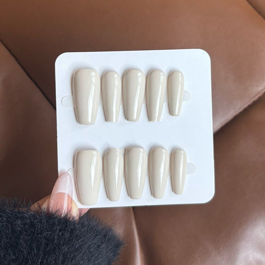 NailZagreb Glossy Vanilla Beige Coffin Press On Nails for Chic Minimal Everyday Style