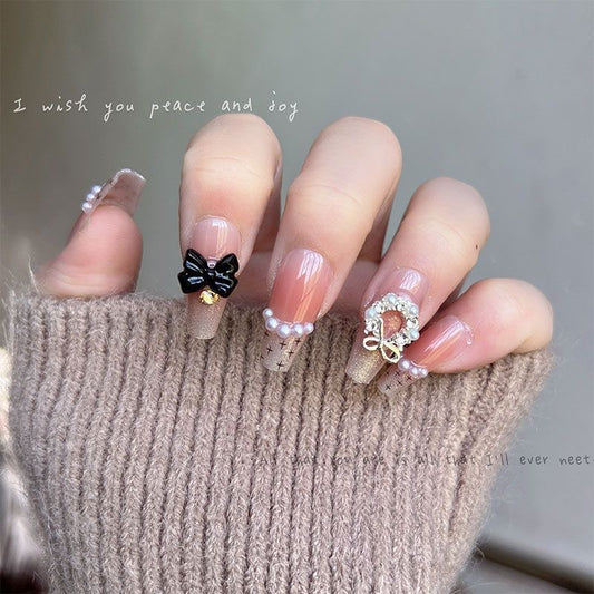 NailZagreb Elegant Pink Gold Press On Nails Pearl Bow Chic French Tip Nails