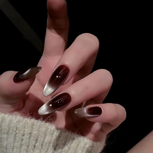 NailZagreb Wine Red Cat Eye Press On Nails with Silver Chrome Ombre Tips