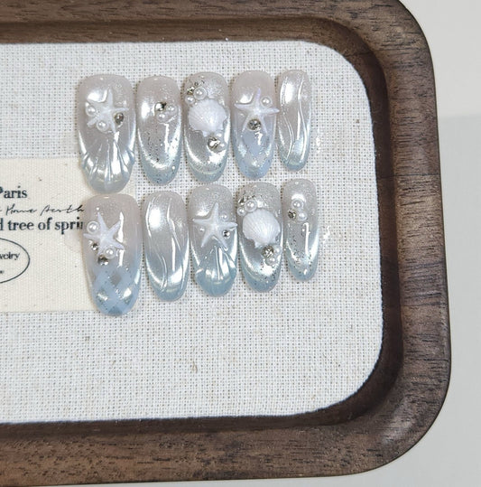 NailZagreb Luxury Ocean Pearl Press On Nails Starfish Shell Glossy Handmade Reusable Nail Set