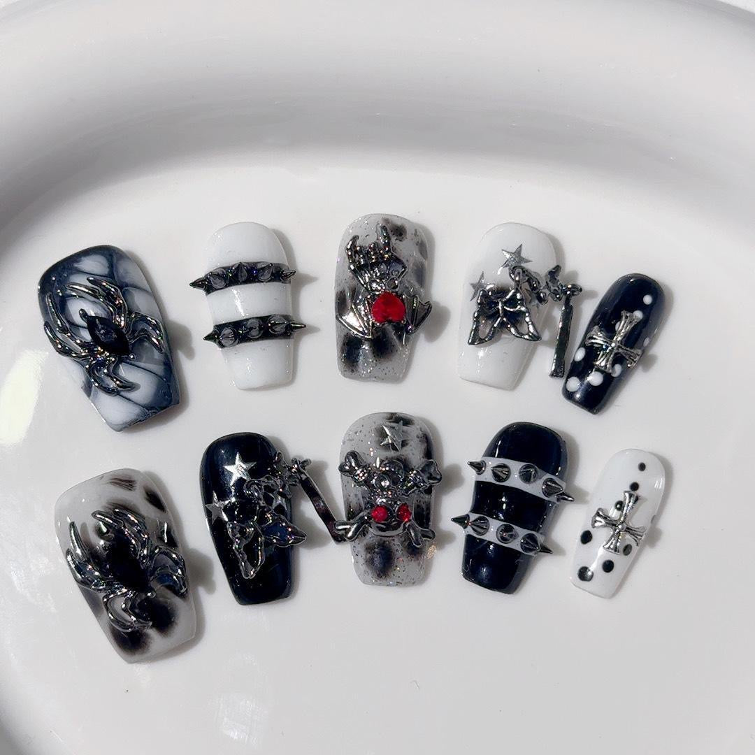 NailZagreb Black Gothic Press On Nails Cross Spike Stud Reusable False Nails Handmade Set