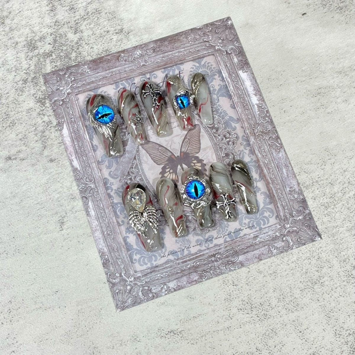 NailZagreb Gothic Press On Nails Blue Eye Cross Rhinestone Reusable False Nails Handmade Set