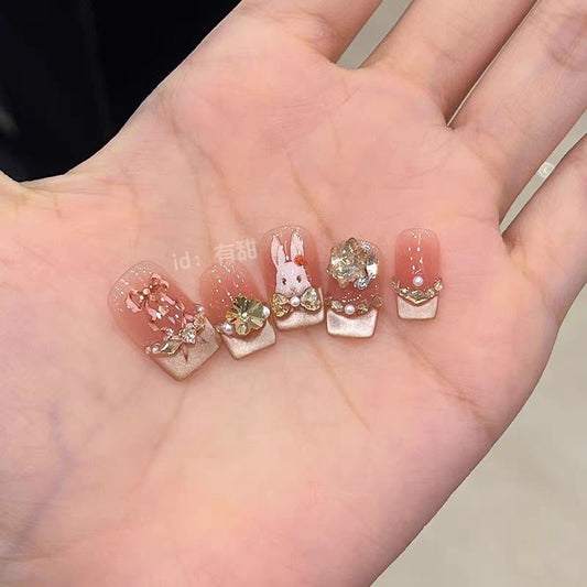 NailZagreb Cute Bunny Press On Nails Nude Gold Rhinestone Kawaii Glossy Nail Set
