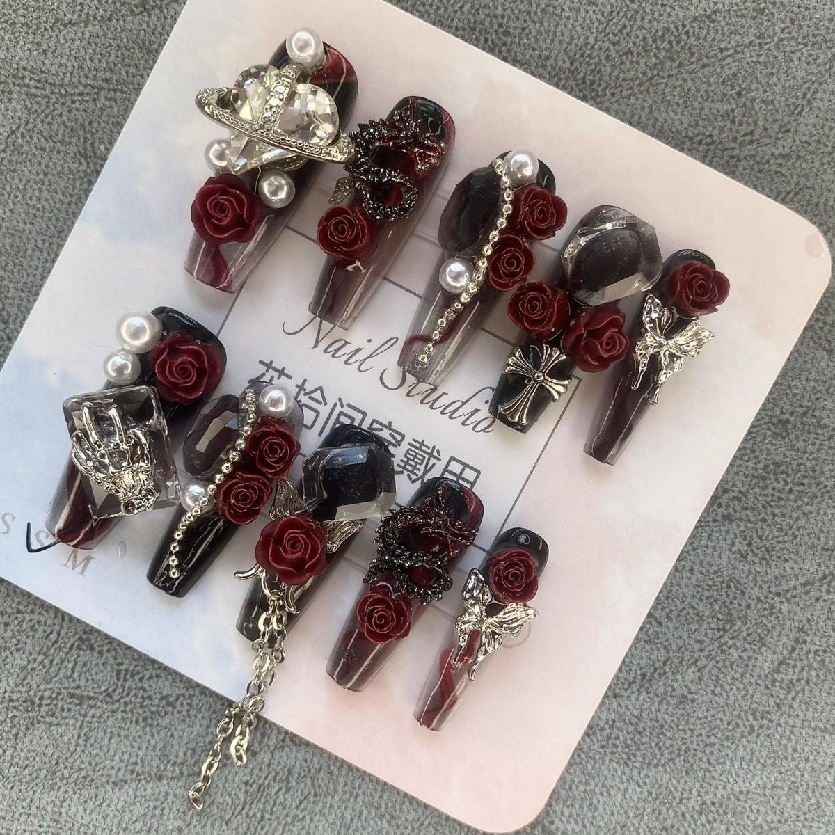 NailZagreb Gothic Rose Press On Nails Red Black Pearl Rhinestone Glossy Luxury Handmade Nail Set