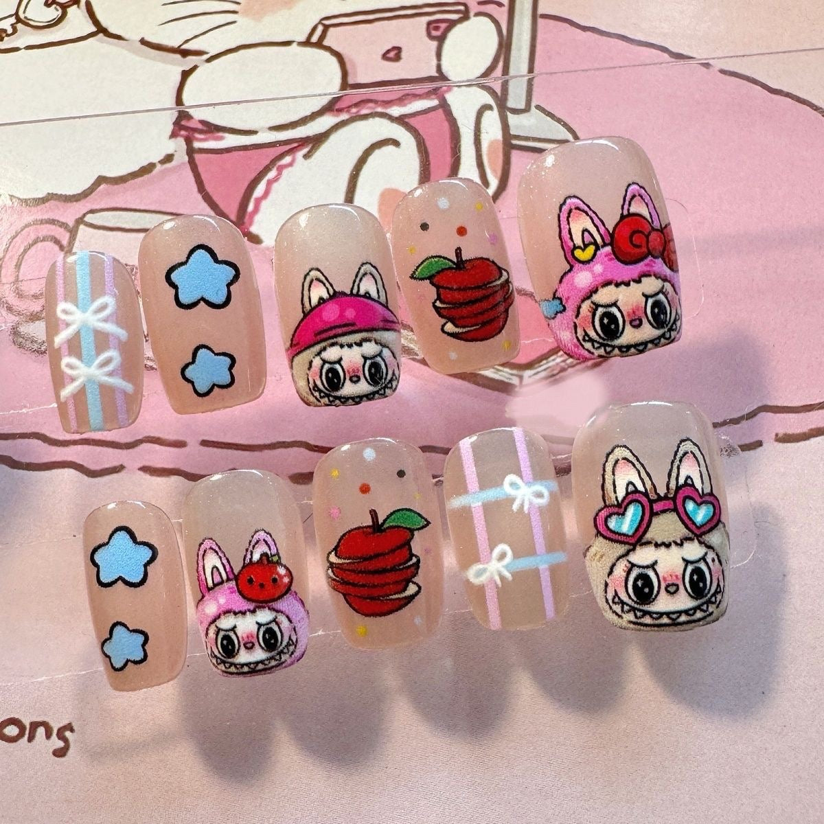 NailZagreb Pink Labubu Bunny Press On Nails with Cute Kawaii Cartoon Design
