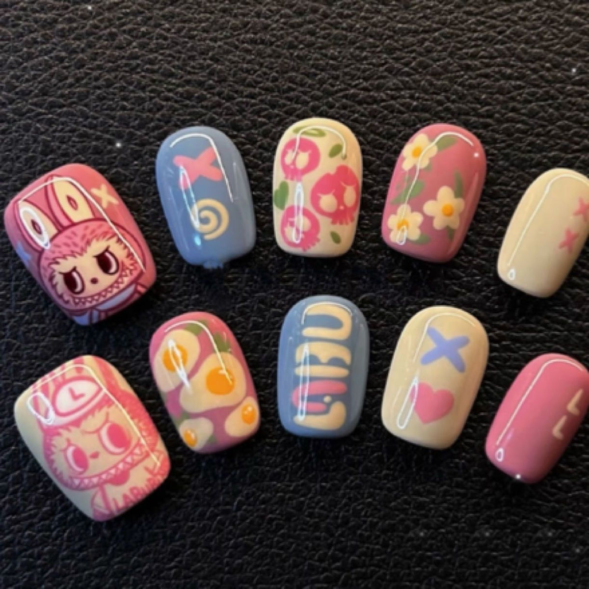 NailZagreb Pastel Labubu Cartoon Press On Nails with Retro Kawaii Art Design