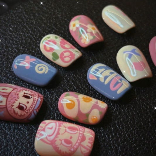 NailZagreb Pastel Labubu Cartoon Press On Nails with Retro Kawaii Art Design