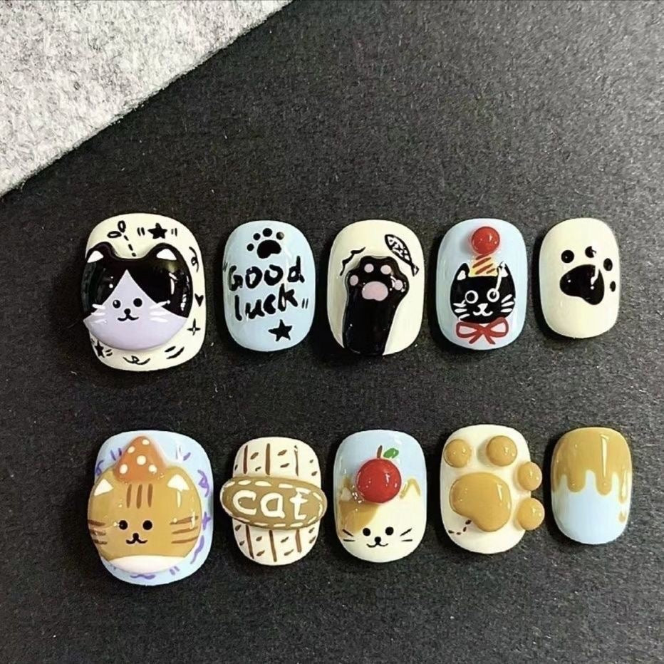 NailZagreb Cute Cartoon Cat Press On Nails with Kawaii Paw and Lucky Charm Design