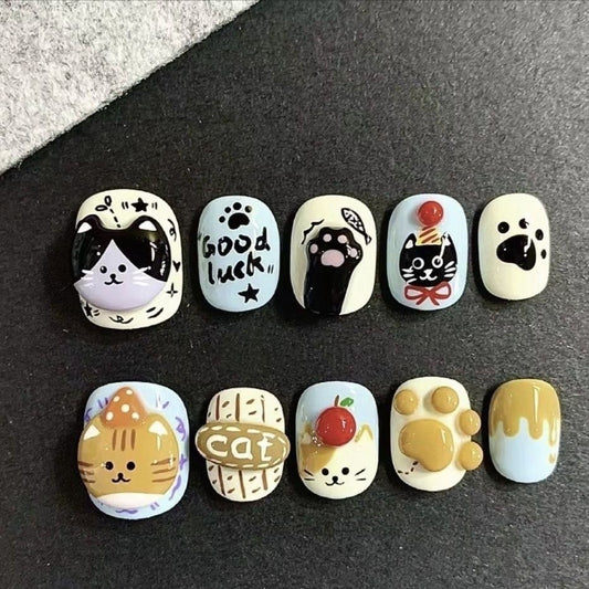 NailZagreb Cute Cartoon Cat Press On Nails with Kawaii Paw and Lucky Charm Design