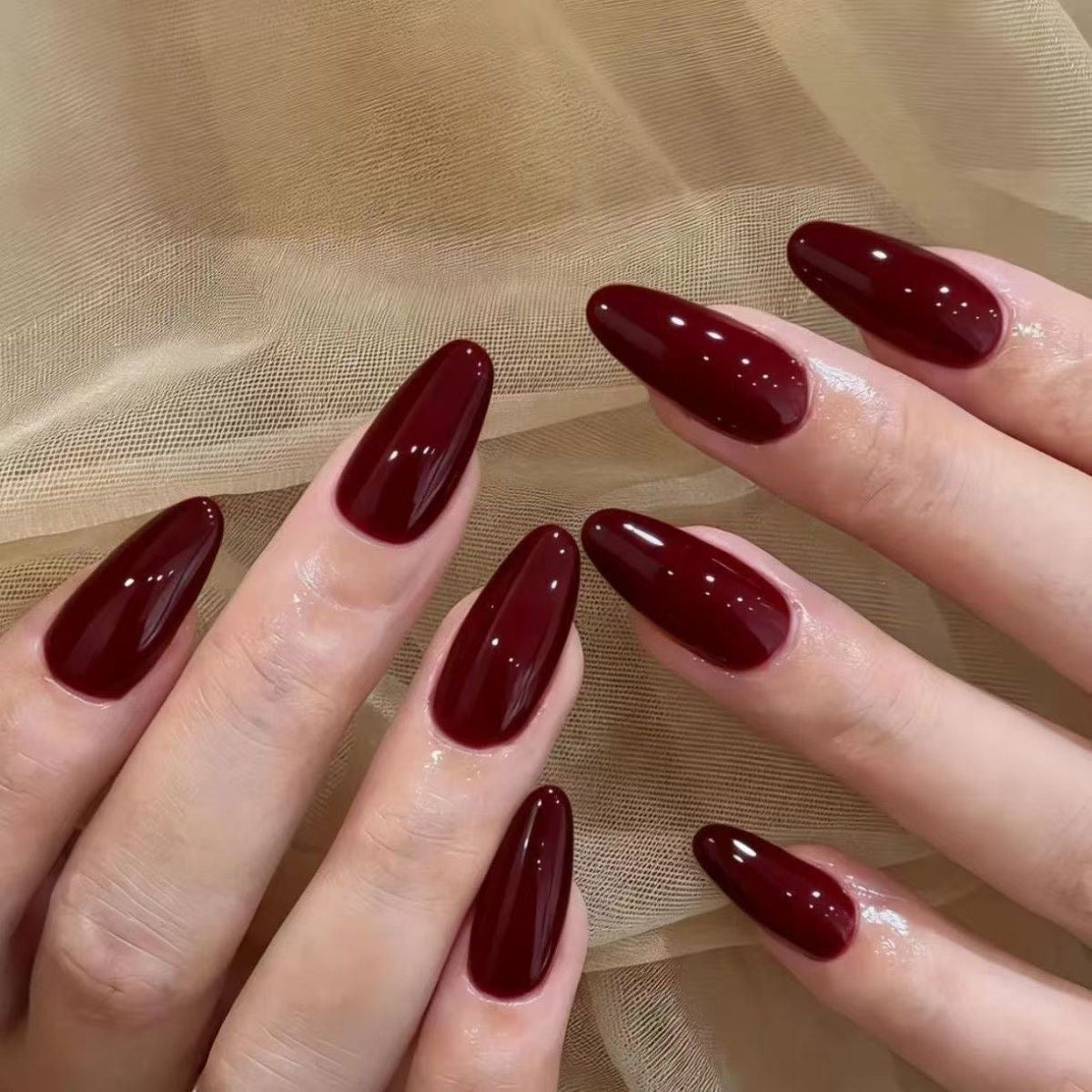 NailZagreb Glossy Deep Wine Red Almond Press On Nails for Elegant Daily Wear