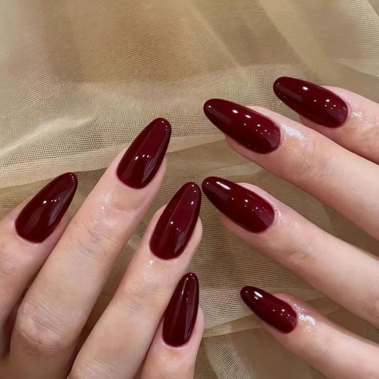 NailZagreb Glossy Deep Wine Red Almond Press On Nails for Elegant Daily Wear
