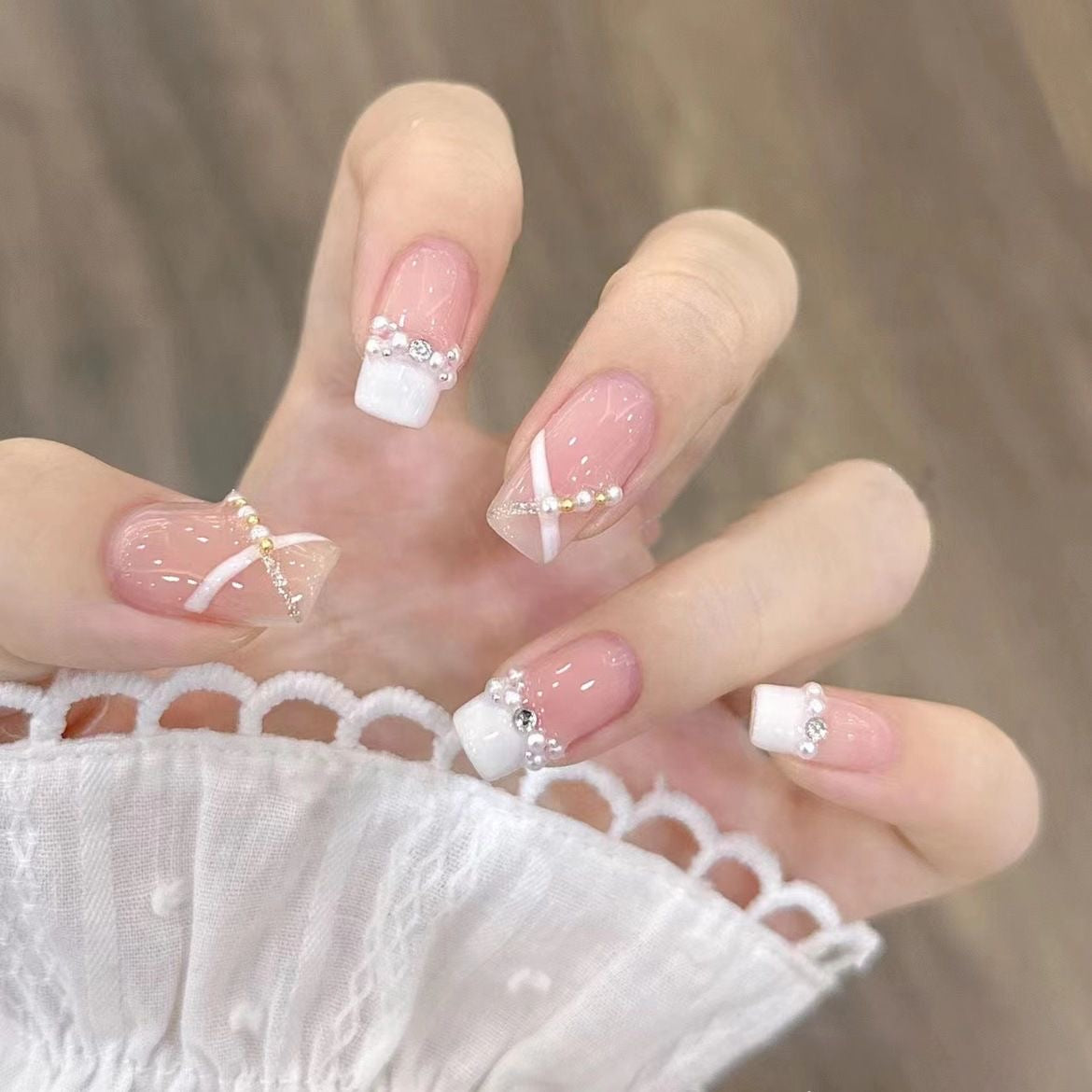 NailZagreb Elegant Pink Press On Nails French Tip Pearl Rhinestone Glossy Bridal Nail Set