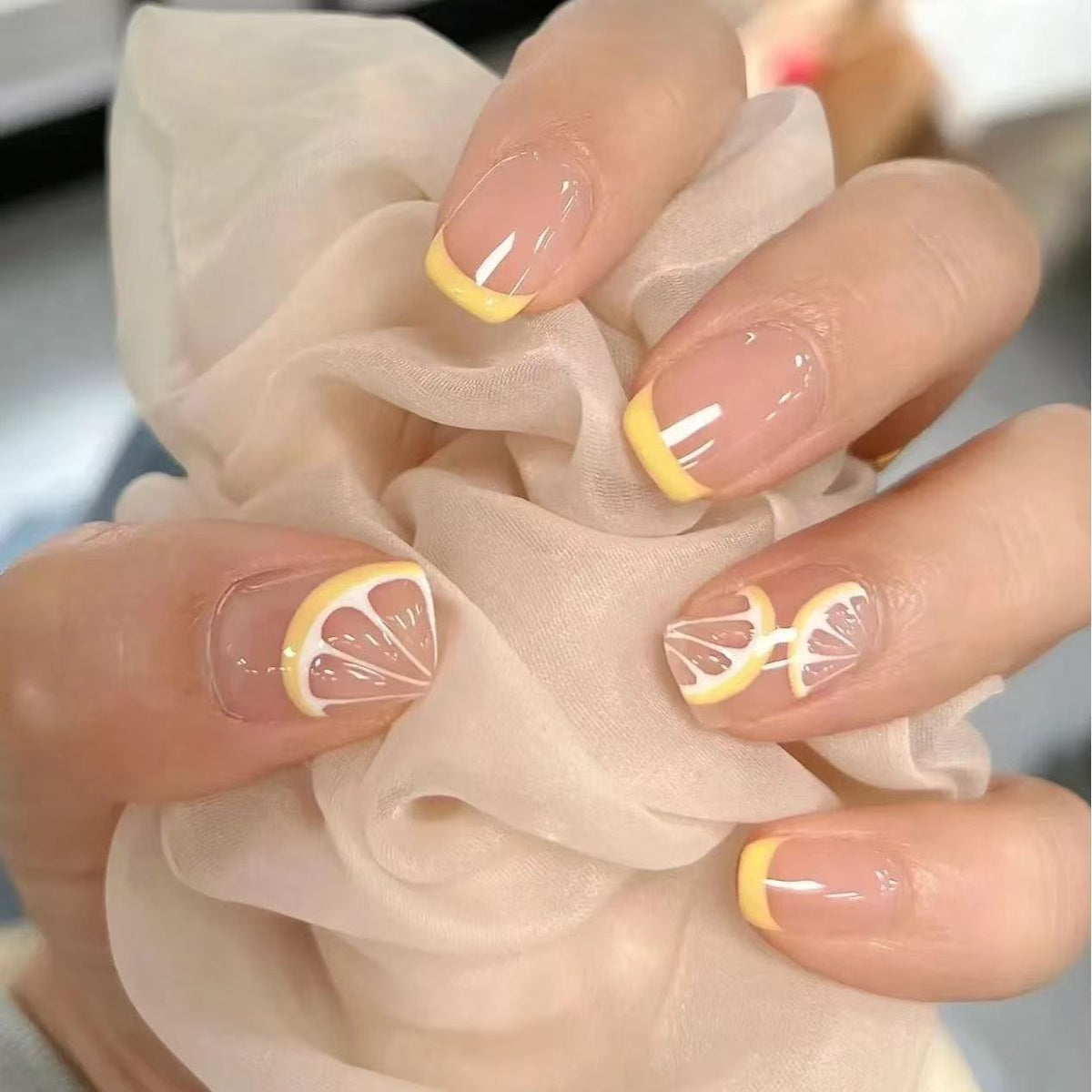 NailZagreb Nude French Press On Nails Yellow Lemon Nail Design Glossy Short Summer Reusable False Nails