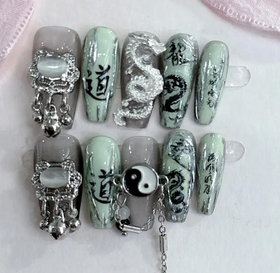NailZagreb Oriental Press On Nails Jade Green Dragon Yin Yang Zen Handmade Nail Set