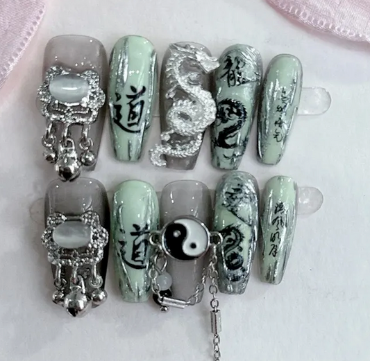 NailZagreb Oriental Press On Nails Jade Green Dragon Yin Yang Zen Handmade Nail Set