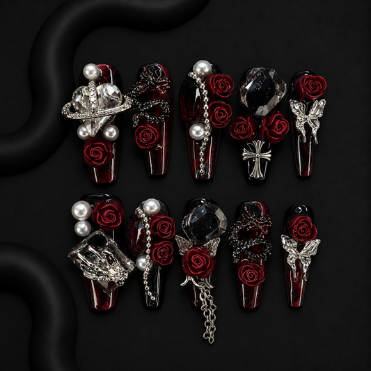 NailZagreb Gothic Rose Press On Nails Red Black Pearl Rhinestone Glossy Luxury Handmade Nail Set