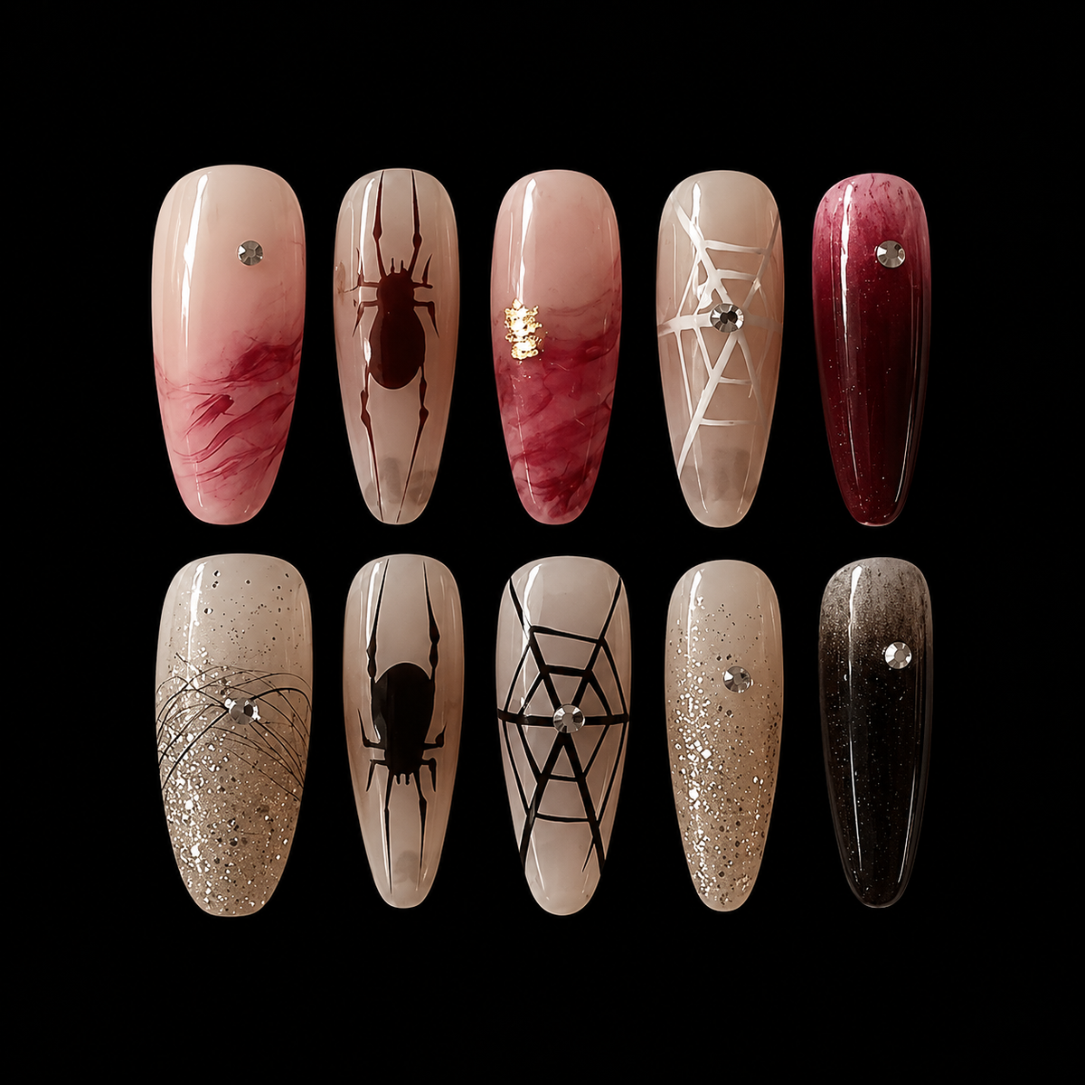NailZagreb Gothic Spider Press On Nails Nude Pink Black Spider Web Glossy Handmade Nail Set
