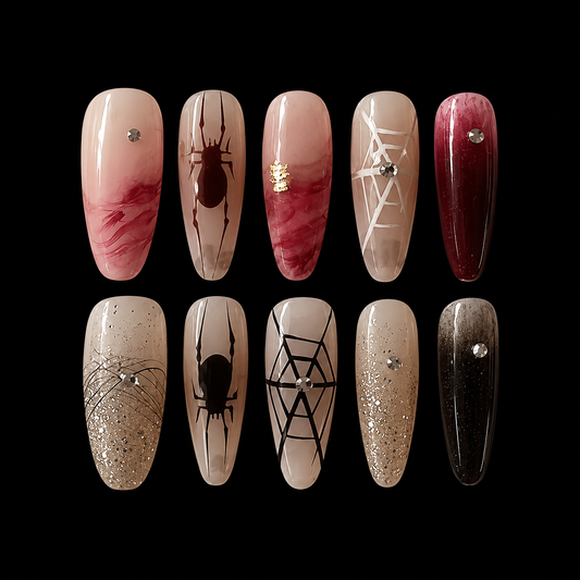 NailZagreb Gothic Spider Press On Nails Nude Pink Black Spider Web Glossy Handmade Nail Set