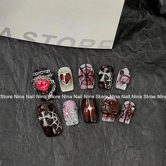NailZagreb Gothic Heart Press On Nails Red Black Spider Web Rose Glossy Handmade Nail Set