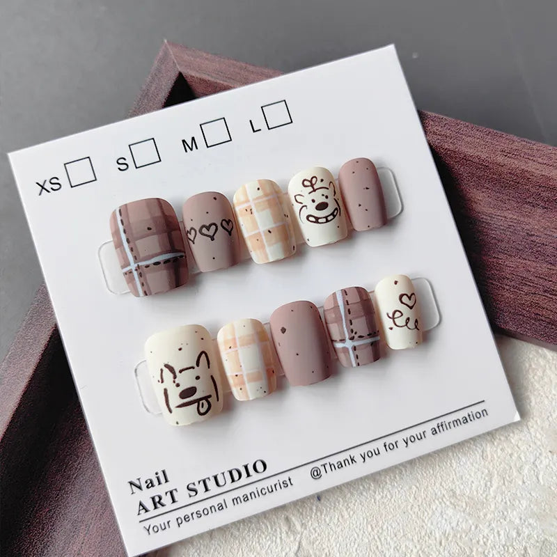 NailZagreb Cute Puppy Plaid Press On Nails with Soft Pink Korean Style Design