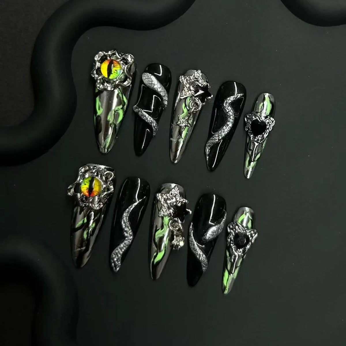NailZagreb Gothic Snake Press On Nails Black Green Evil Eye Rhinestone Glossy Handmade Nail Set