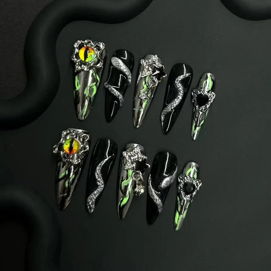 NailZagreb Gothic Snake Press On Nails Black Green Evil Eye Rhinestone Glossy Handmade Nail Set