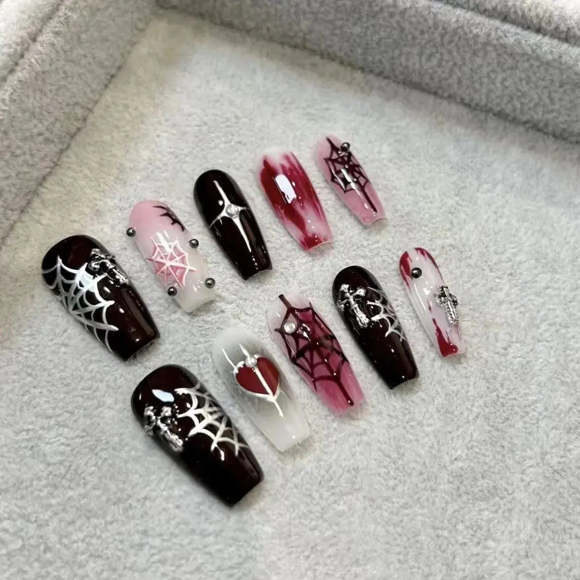 NailZagreb Red Black Gothic Press On Nails Heart Spider Web Reusable False Nails