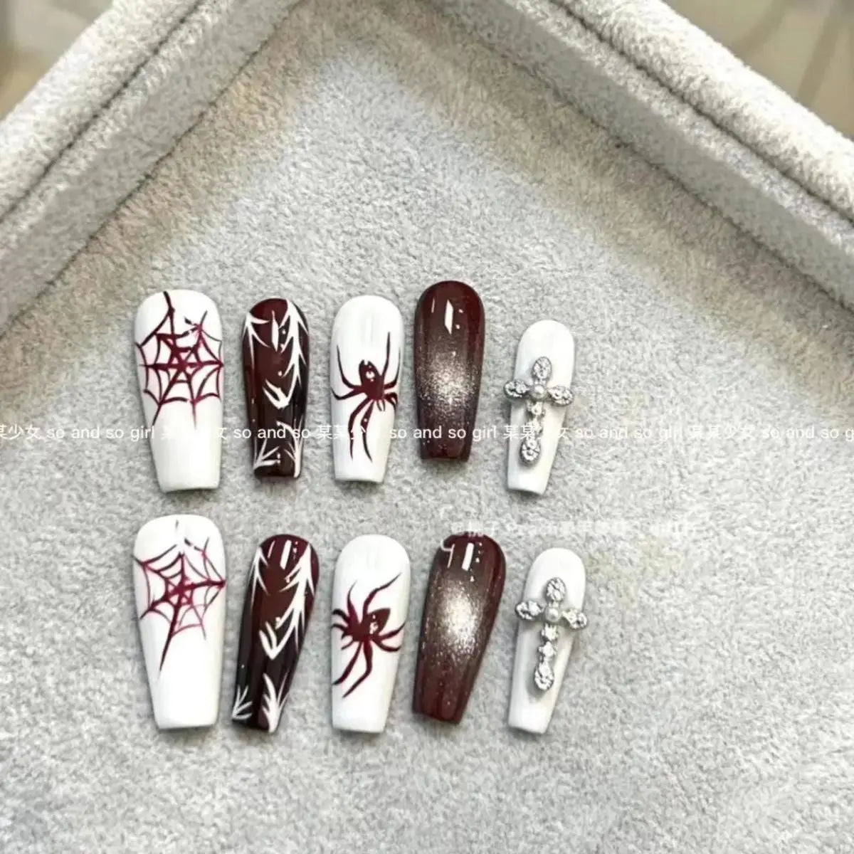 NailZagreb Gothic Spider Web Press On Nails Cross Rhinestone Black Red Handmade Reusable Nail Set